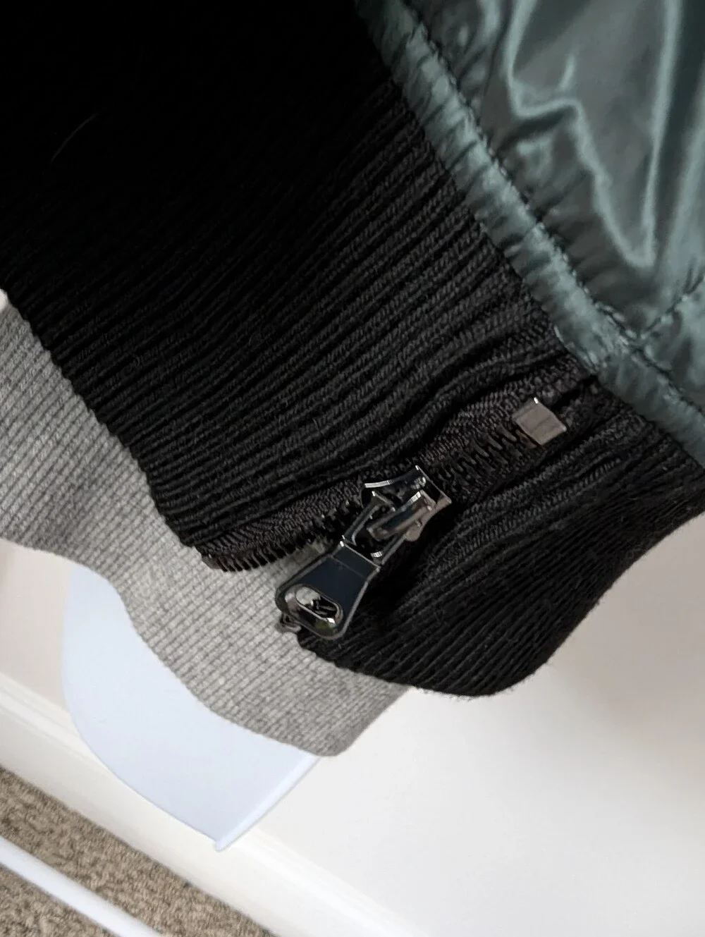Men's Quilted Bomber Jacket in Deep Green with Grey Hoodie Layer